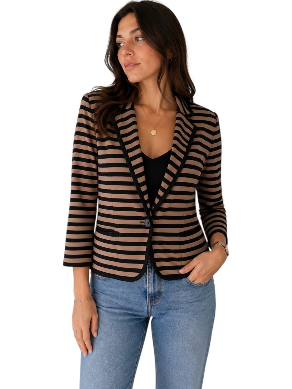 Cynthia Rowley Black Tan Striped Knit Blazer M 3/4 Sleeve Preppy Academia